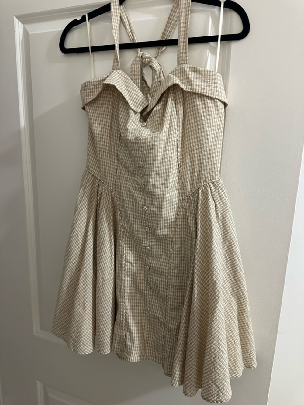 Zara Gingham Fit-and-Flare Button Front Sundress in Beige